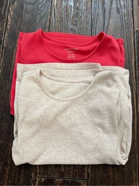Two American Eagle Outfitters Ribbed Crewneck Tops - Coral Pink and Cream